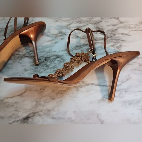 Valerie Stevens Brown Fabric & Rhinestone Stiletto Heels Leather Soles Size 8.5 - Picture 3 of 11
